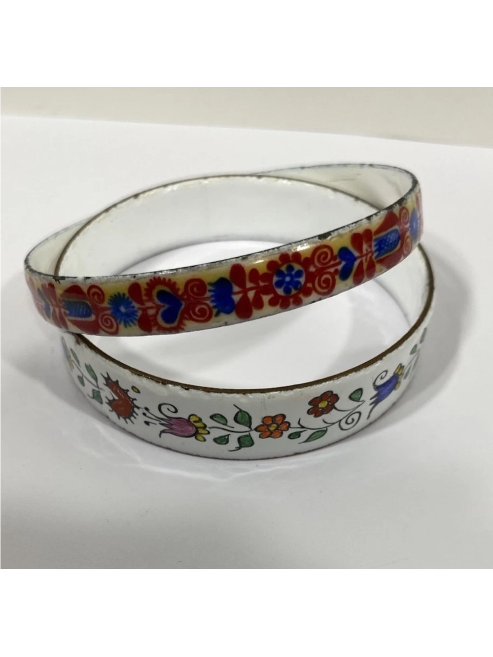 Vtg Lot Of 2 Bracelets Floral Enameled Copper Folk Art Austria 3” Bangles